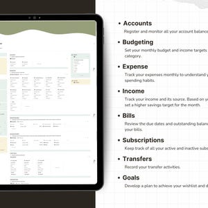 May include: A digital finance tracker displayed on a tablet screen, featuring sections for accounts, budgeting, expenses, income, bills, subscriptions, transfers, and goals. The interface uses a clean layout with soft green and cream accents.