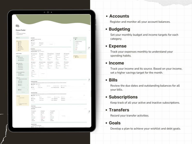 May include: A digital finance tracker displayed on a tablet screen, featuring sections for accounts, budgeting, expenses, income, bills, subscriptions, transfers, and goals. The interface uses a clean layout with soft green and cream accents.