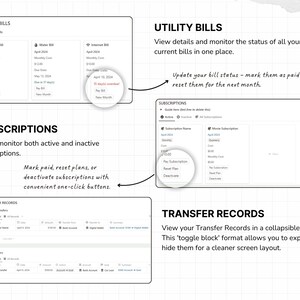 May include: A digital dashboard interface featuring three sections: Utility Bills, Subscriptions, and Transfer Records. The layout includes text labels, status indicators, and interactive buttons for managing monthly expenses, tracking active subscriptions, and organizing financial transfers.
