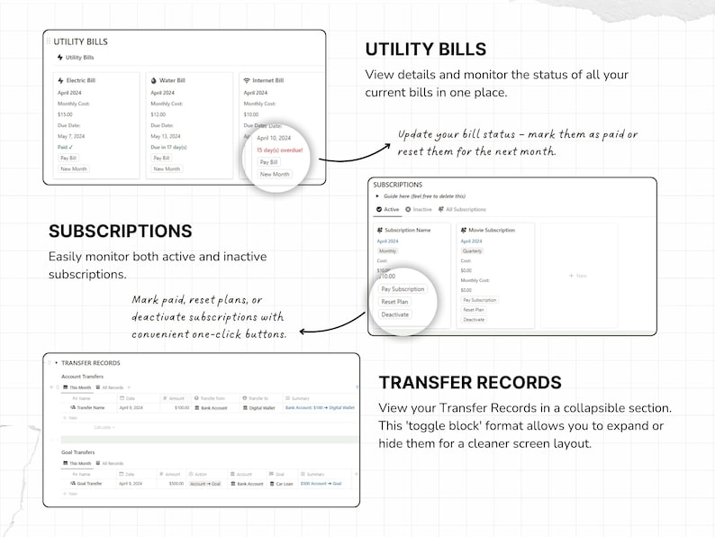 May include: A digital dashboard interface featuring three sections: Utility Bills, Subscriptions, and Transfer Records. The layout includes text labels, status indicators, and interactive buttons for managing monthly expenses, tracking active subscriptions, and organizing financial transfers.