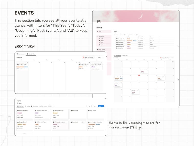 EVENTS - see all your events at a glance, with filters for “This Year”, “Today”, “Upcoming”, “Past Events”, and “All” to keep you informed.