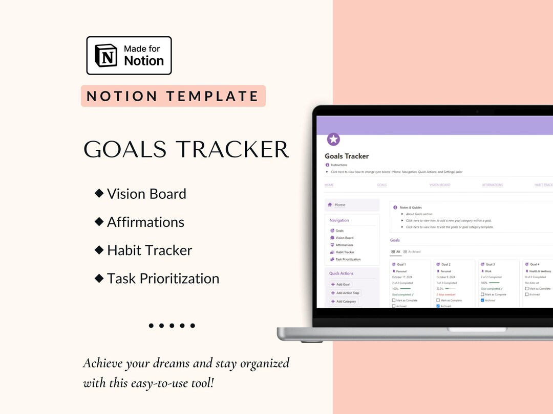 Goals Tracker Notion Template, Goals Planner, Vision Board, Habit ...