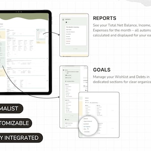May include: A digital finance tracker displayed on a tablet screen with sections for reports and goals. The interface features a light green and white color scheme with text labels including Reports, Goals, Minimalist, Customizable, and Fully Integrated.