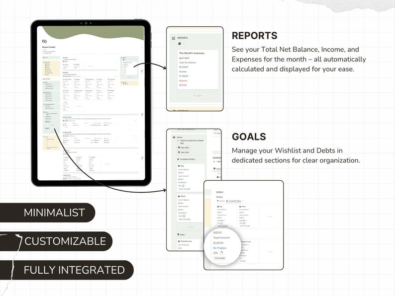 May include: A digital finance tracker displayed on a tablet screen with sections for reports and goals. The interface features a light green and white color scheme with text labels including Reports, Goals, Minimalist, Customizable, and Fully Integrated.