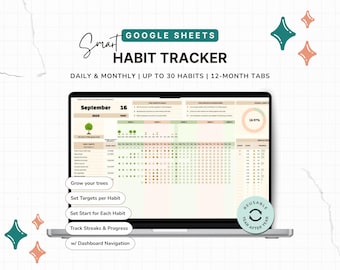May include: A laptop screen displays a "Smart Habit Tracker" in Google Sheets. The tracker is designed for daily and monthly use, tracking up to 30 habits across 12 months. Features include "Grow your trees," "Set Targets per Habit," and "Track Streaks & Progress."