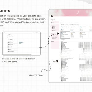 PROJECTS - see all your projects at a glance, with filters for “Not started”, “In progress”, “On hold”, and “Completed” to keep track of their progress.