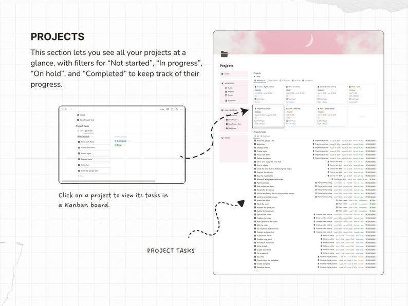 PROJECTS - see all your projects at a glance, with filters for “Not started”, “In progress”, “On hold”, and “Completed” to keep track of their progress.