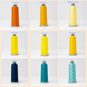 Puede incluir: Nueve carretes de hilo de bordar en varios colores, incluyendo naranja, amarillo, crema, azul y verde azulado. Cada carrete tiene una etiqueta con un nombre de color y un n&uacute;mero.
