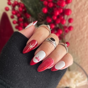 Weiß und Rot Glitzer Himmlische Bogen Nägel/Französisch Spitze Rote Nägel/Weihnachtsferien Press on Nails/Stern Nägel/Elegante Nägel/Einfache Nägel