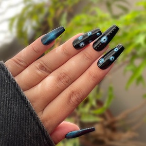 Evil Eye Nazar Black Press On Nails/Handpainted Fake Nails/Coffin Nails/Blue Cat Eye Nails/False Nails