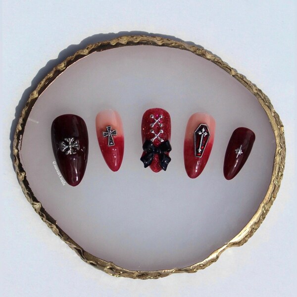 3D Red Vampire Goth Nails Y2K Cross Coffin Charm Press On Nails/Enhypen Inspired Nails/Kpop Nails/Reusable Nails/Concert Nails/Long Almond