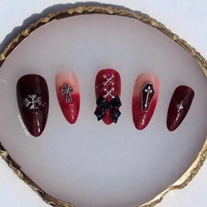 3D Red Vampire Goth Nails Y2K Cross Coffin Charm Press On Nails/Enhypen Inspired Nails/Kpop Nails/Reusable Nails/Concert Nails/Long Almond