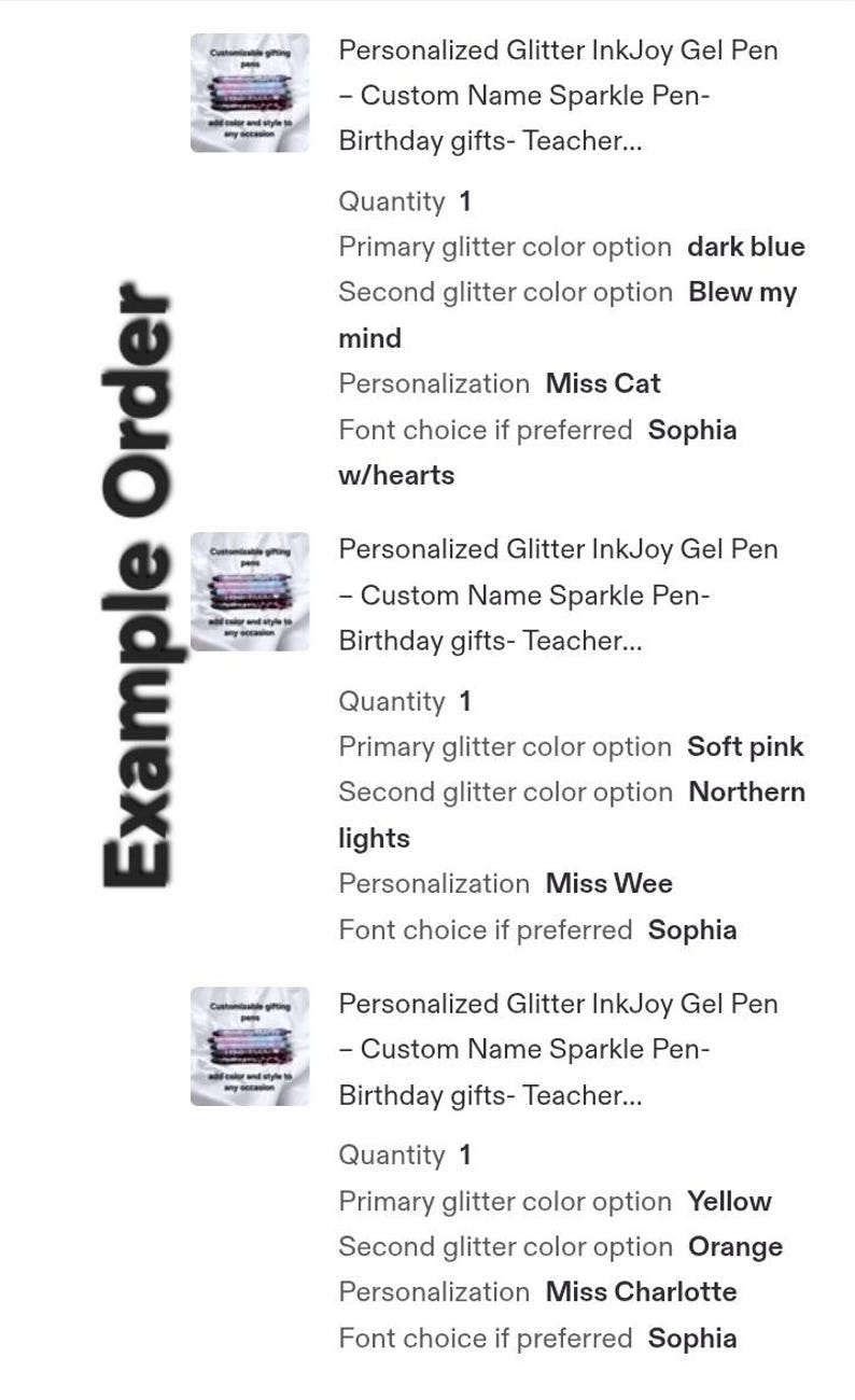 Puede incluir: Tres bol&iacute;grafos de gel InkJoy con purpurina personalizados mostrados en una lista de pedido de ejemplo. Cada bol&iacute;grafo presenta nombres personalizados como Miss Cat, Miss Wee y Miss Charlotte, con varias combinaciones de colores y fuente Sophia.