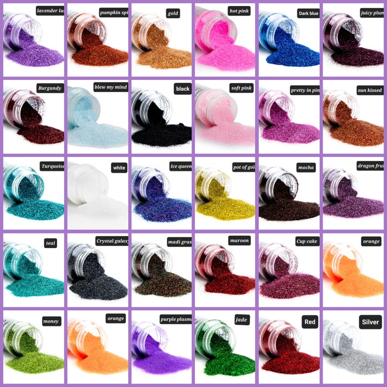 May include: Assortment of 30 small jars filled with glitter in various colors, including teal, purple, red, orange, black, white, gold, and silver. Each jar has a label with a name for the glitter color.