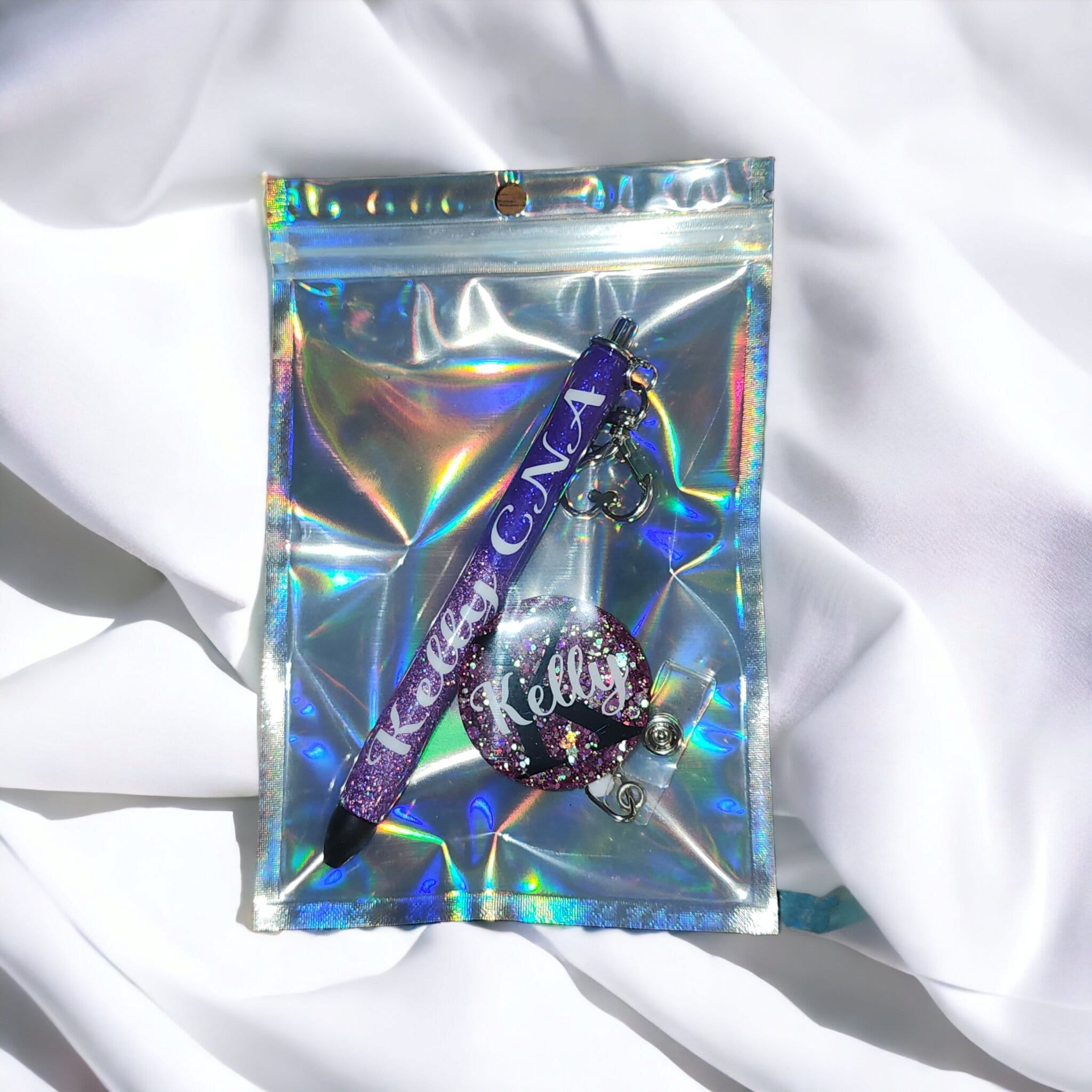 Personalized Glittered Badge Reel and Pen Bundle