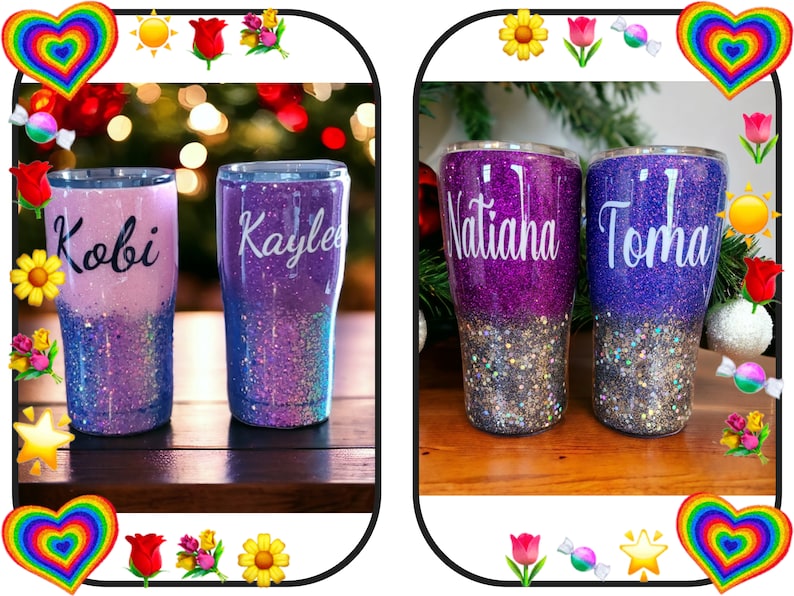 May include: Two sets of personalized purple and blue glitter tumblers with names "Kobi", "Kaylee", "Natiahna", and "Torma" written in white.