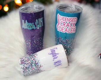 Personalized glitter tumblers, gifts for birthdays, Mother's Day, and more