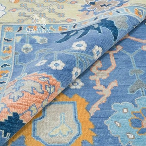 9X12 Blue Oushak Rug, Modern Colorful Rug, Lemon & Orange Accent Turkish Rug, Ivory Area Rug for livingroom: Southern Charm Wool Rug for kid