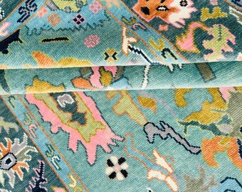 Hand Knotted Wool Rug, Vintage Oriental Floral Carpet, Turquoise Blue Home Decor