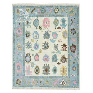 Ivory Oushak Rug, Baby Blue Border Turkish Rug, Soft Living Room Area Rug, Modern Colorful Rug In White:Ocean Waves Wool Rug for livingroom