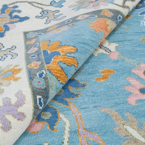Sky Blue Oushak Rug: Hand-Knotted New Zealand Wool, Orange Accents