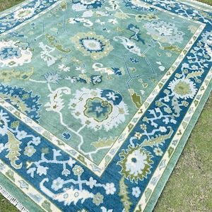 8x10 feet Quick Ship! Hand-Knotted Oushak Wool Rug: Moss Green, Ivory Accents, 8x10 ft