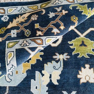 Handknotted Oushak Rug: Dark Blue Persian Style New Zealand Wool