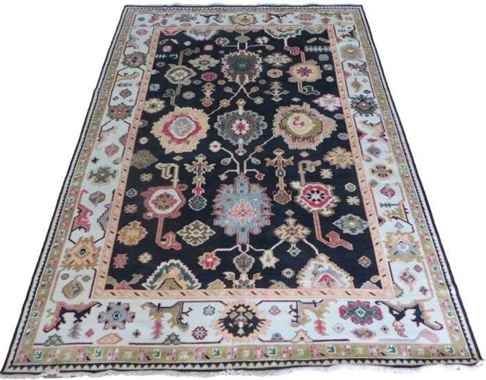 Ushaq Rugs Black Oushak Rug: Contemporary Wool Area Rug with Ivory Accent - Etsy ...