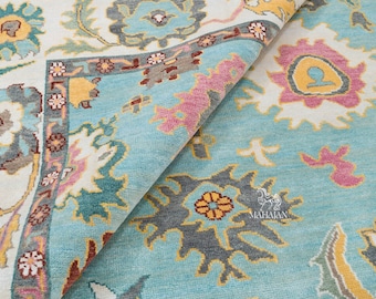 Light Blue Oushak Rug: Hand-Knotted New Zealand Wool, Floral Turkish Rug