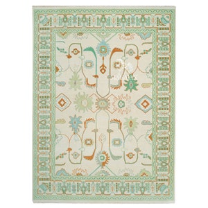 Green Oushak Rug, Hand-knotted Modern Turkish Rug In White, Orange And Blue Accent Contemporary Wool Rug: Sage & Rust Area 8x10, 9x12 Rug
