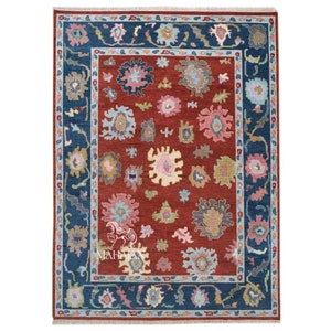Red Oushak Rug With Navy Border, Turkish Rug With Cream, Yellow, Green, Pink Accents, Hand-knotted Wool Rug: Scarlet Sleigh Area 8x10 Oushak