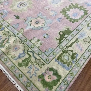 Pink and Green Hand knotted Oushak Rug, 8x10, 9x12 Large Oushak Area Rug, Modern Oushak Design Rug Turkish Wool Carpet for Living Room Decor