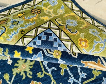 Hand Knotted Wool Oushak Rug: Navy Blue, Green, Ivory Accent