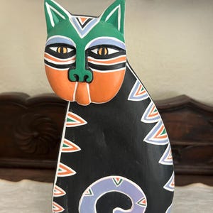 Vintage Laurel Burch Folk Art Standing Eclectic Wood Cat Statue