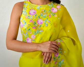 Embroidered Organza Saree with Floral Zari Blouse