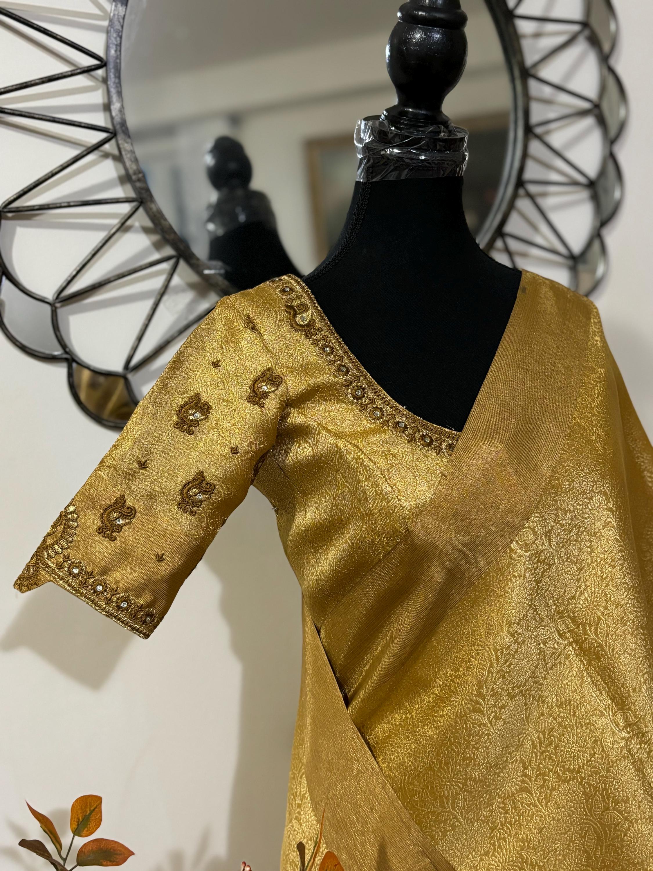 Beige-Gold Banarasi Tissue Saree with Mixed Embroidery (Pita Dori, Gota Patti & French Knot) main image 0