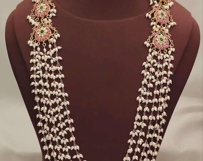 5 Layer Diamond Finish Water Rice Pearls Long Haram With Grand Look for ...