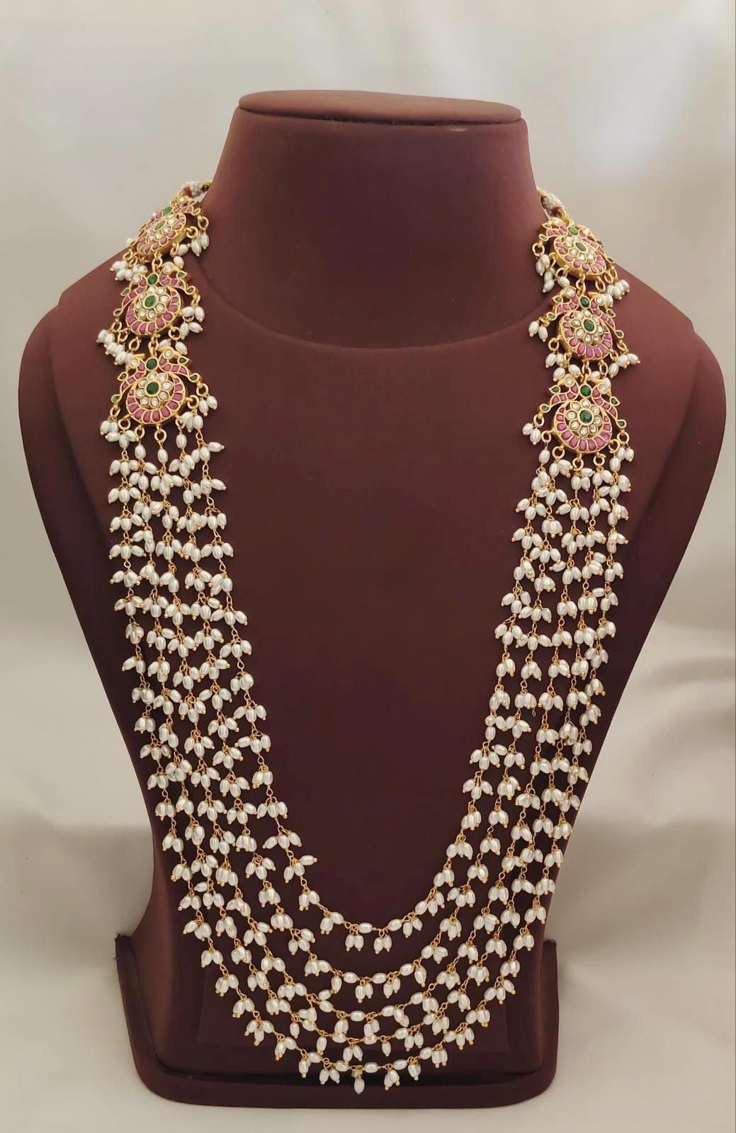 5 Layer Diamond Finish Water Rice Pearls Long Haram With Grand Look for ...