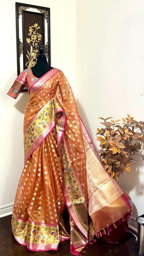 Peach-orange Zari Kota Saree, Pythani Floral Border, Stitched