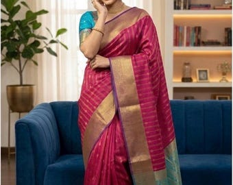 Kanchipuram Silk Saree with Embroidered Ready-to-Wear Blouse (Fits 34-46)