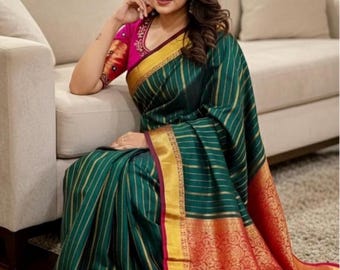 Kanchipuram Silk Saree with Embroidered Ready-to-Wear Blouse (Fits 34-46)