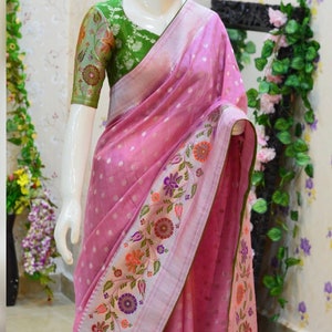 Paithani Silk Saree with Banarasi Designer Blouse, Ready to Wear (Size 32-46)