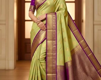 Kanchipuram Soft Silk Saree with Embroidered Blouse (Fits 34-46)
