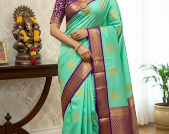 Kanchipuram Soft Silk Saree, Embroidered Blouse (Fits 34-46)