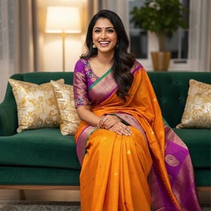 May include: A vibrant orange saree featuring a fine grid pattern, complemented by a deep purple blouse and border. The fabric displays intricate gold zari woven motifs along the edges and sleeves, creating a distinct contrast against the bright orange.