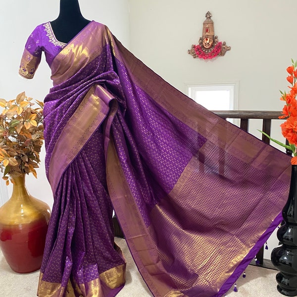 Kanjeevarm/Kanchipattu silk Saree with beautifully designed Maggam work blouse ready to wear fits up to 32 to 46