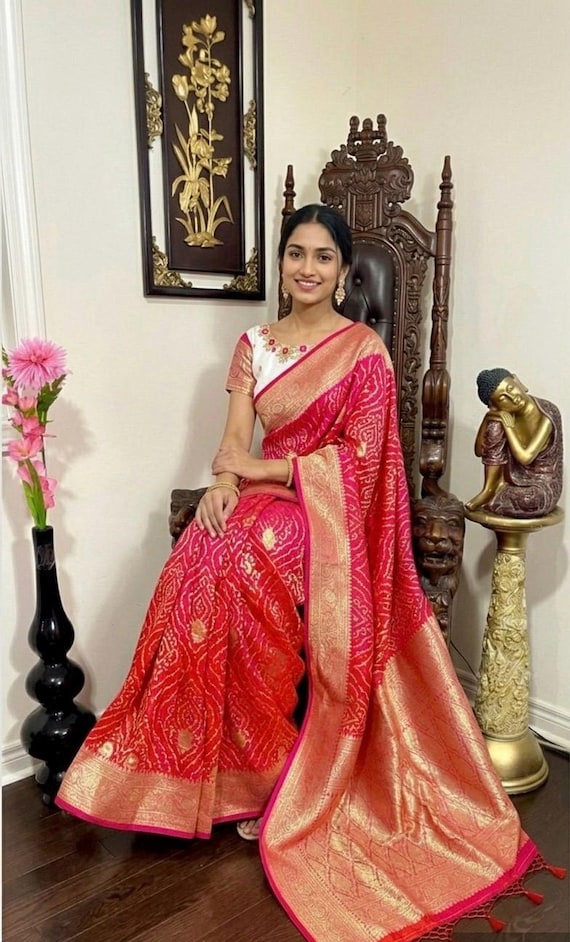 Dual Shade Banarasi Bandhini Silk Saree With Maggam Work Blouse