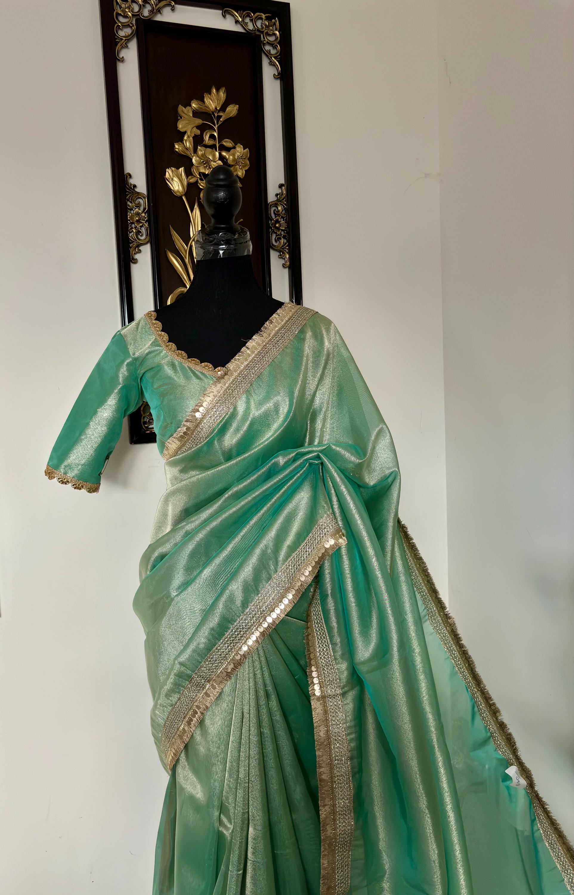 Banarasi Tissue Saree With Buti Weaving & Lace Border main image 0