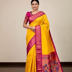 Handloom Pythani Silk Saree, Woven Embossed Design, Maggam Work Blouse (Fits 32-46)
