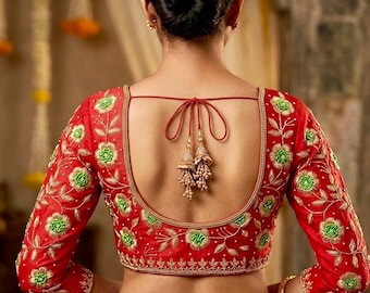 Handgefertigte Zardosi Arbeitsbluse - Maggam Braut Top, Wunschfarbe